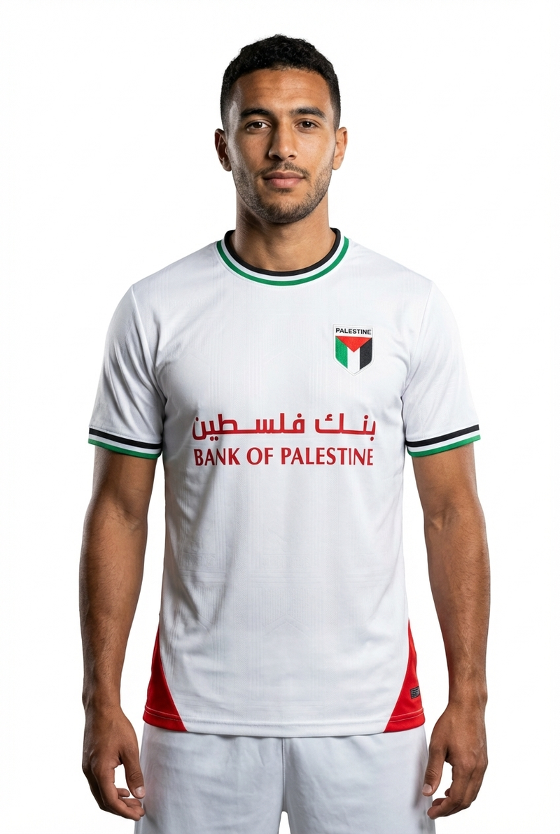 Maillot Bank Of Palestine Blanc, Rouge et Vert - mannequin_face - Maillot Palestine Officiel