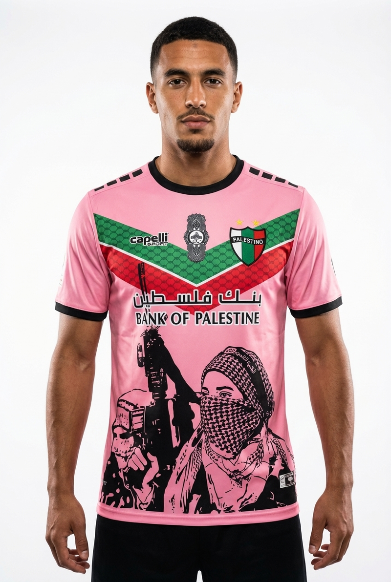 Maillot FC Palestino Rose – Bandes Rouge Vert & Motif Révolution - mannequin_face - Maillot Palestine Officiel