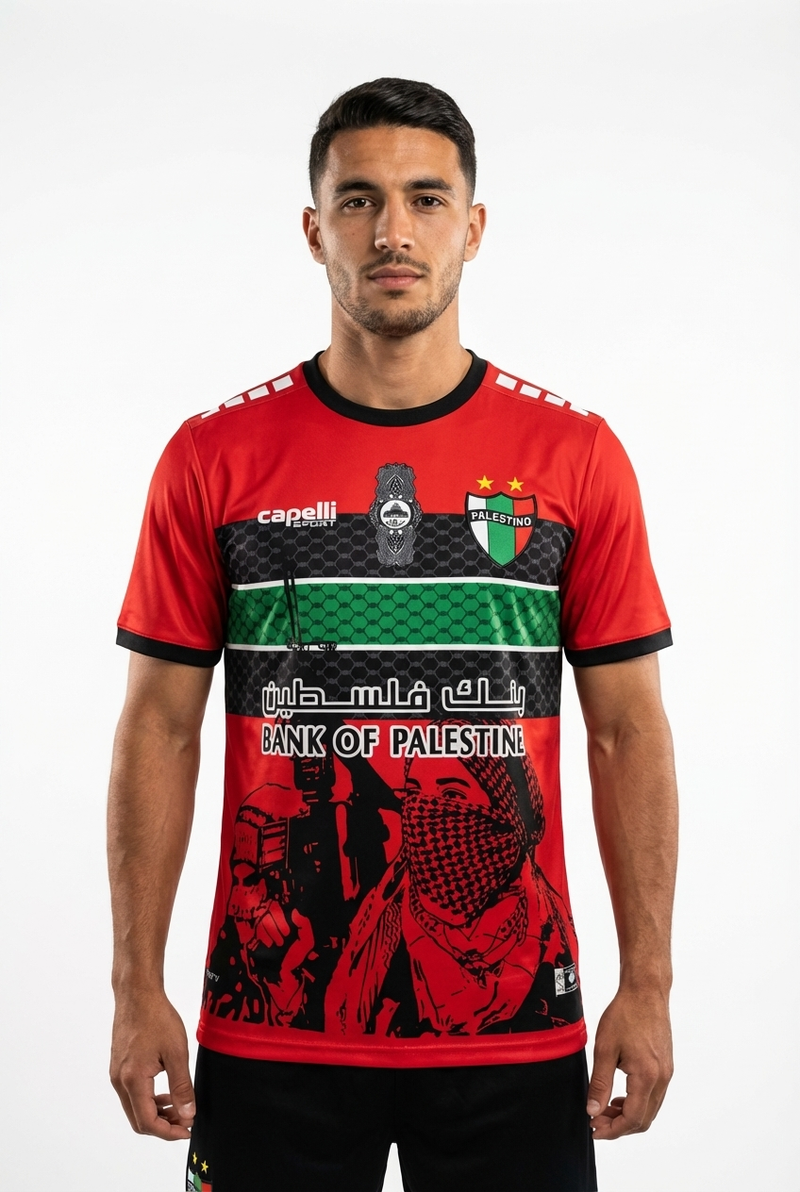 Maillot FC Palestino Rouge – Bandes Noir Vert & Motif Révolution - mannequin_face - Maillot Palestine Officiel