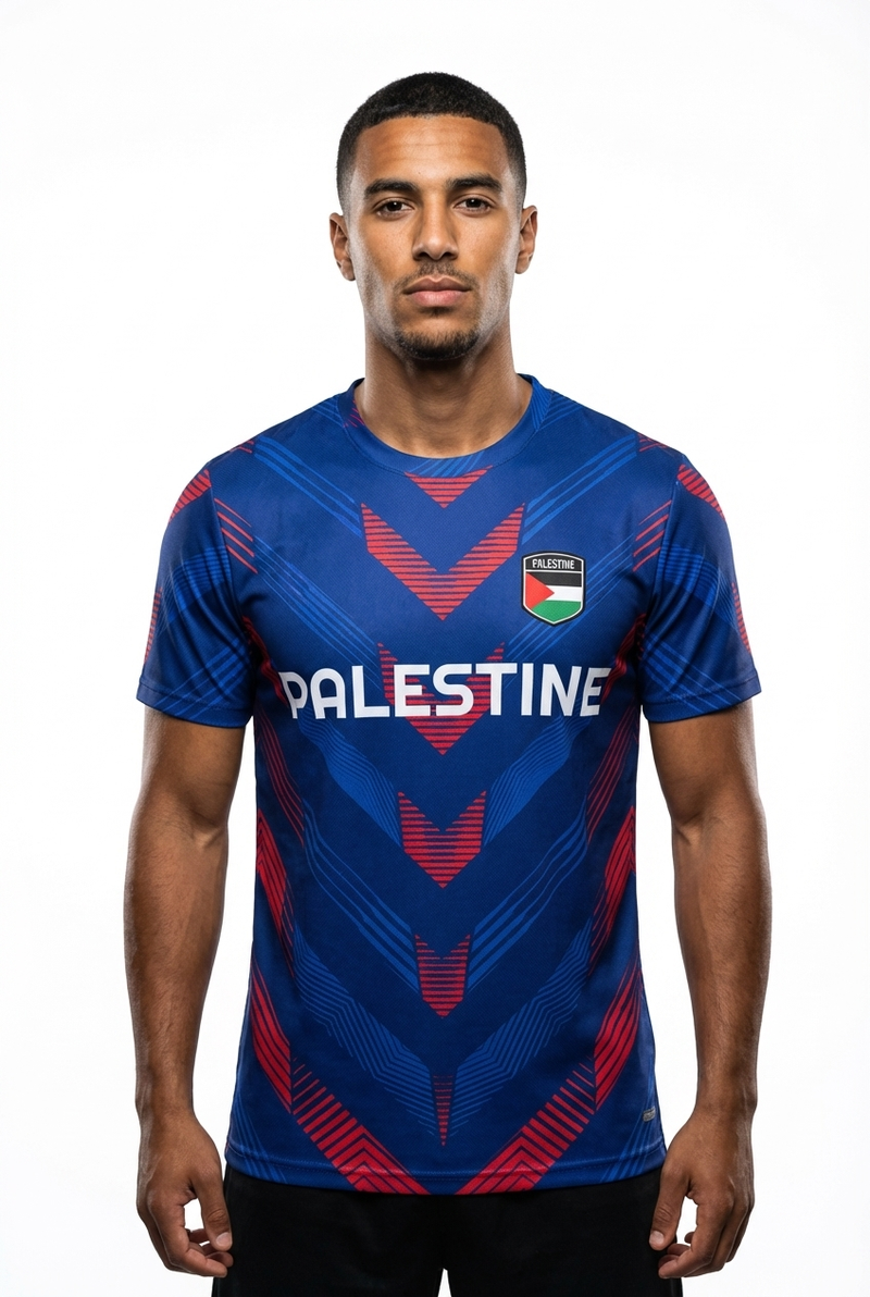 Maillot Football Palestine Bleu Foncé et Rouge - mannequin_face - Maillot Palestine Officiel