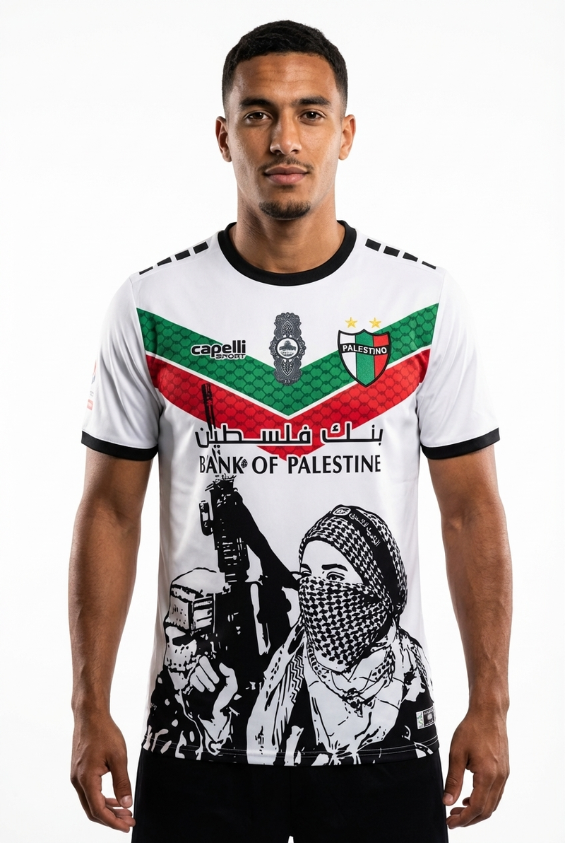 Maillot FC Palestino Blanc – Bandes Rouge Vert & Motif Révolution - mannequin_face - Maillot Palestine Officiel