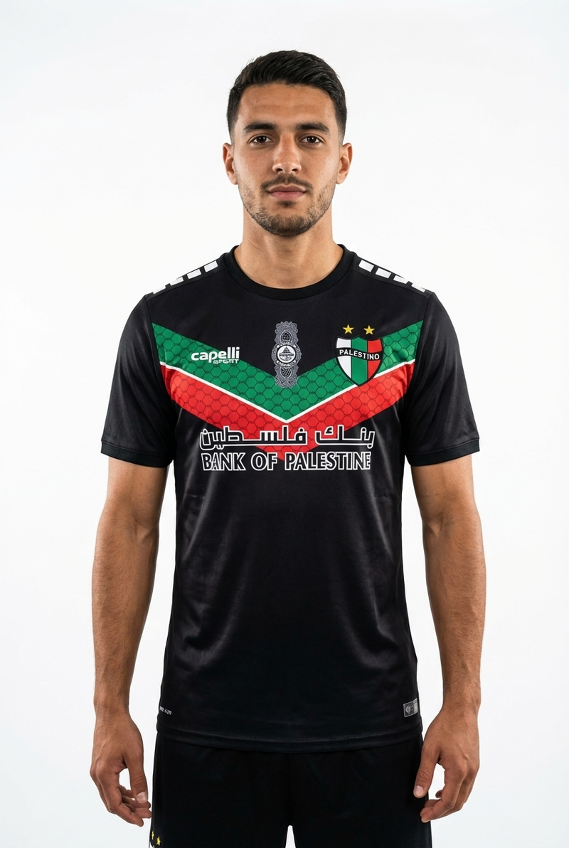 Maillot FC Palestino Noir - Bandes Rouge Vert - mannequin_face - Maillot Palestine Officiel