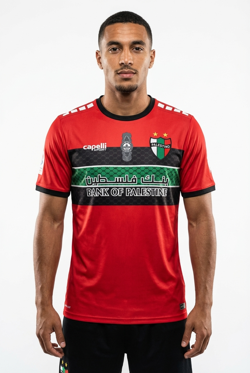 Maillot FC Palestino Rouge - Bandes Noir Vert - mannequin_face - Maillot Palestine Officiel