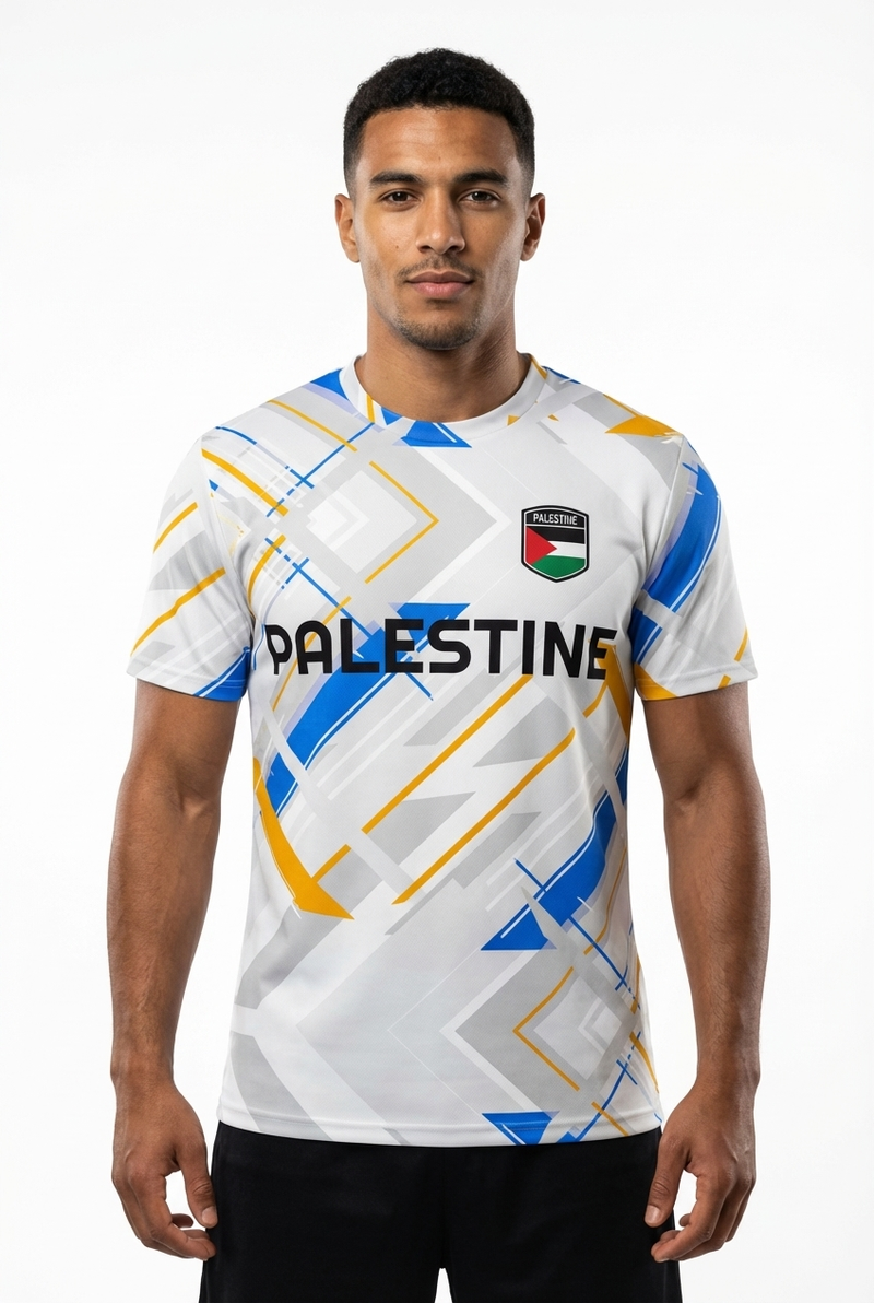 Maillot Football Palestine Blanc, Bleu et Jaune - mannequin_face - Maillot Palestine Officiel
