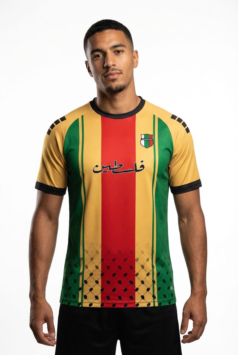 Maillot Palestine Bandes Verticales Vertes Jaunes Rouges - mannequin_face - Maillot Palestine Officiel