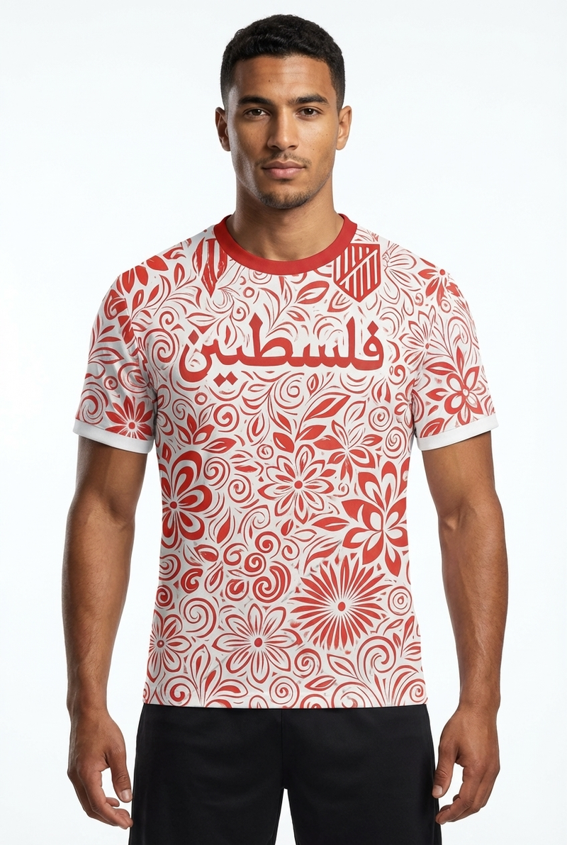 Maillot Palestine Blanc - Motif Floral Rouge - mannequin_face - Maillot Palestine Officiel