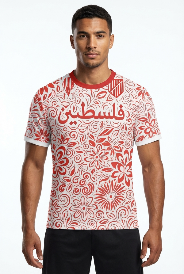 Maillot Palestine Blanc - Motif Floral Rouge