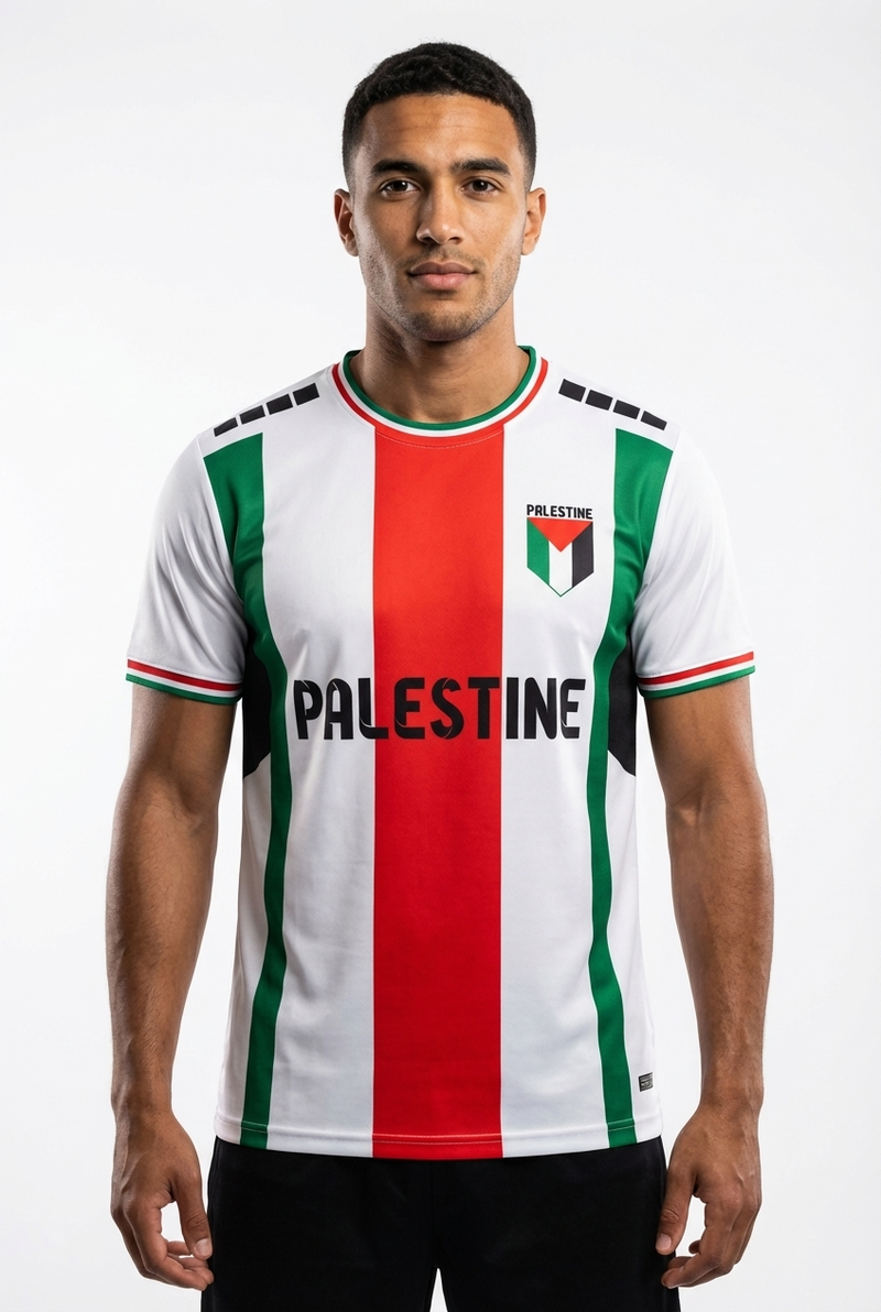 Maillot Palestine Blanc – Bande Rouge & Vert - mannequin_face - Maillot Palestine Officiel