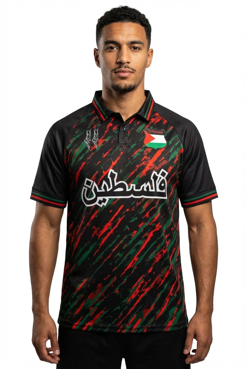 Maillot Style Polo FC Palestina Noir Rouge & Vert - mannequin_face - Maillot Palestine Officiel