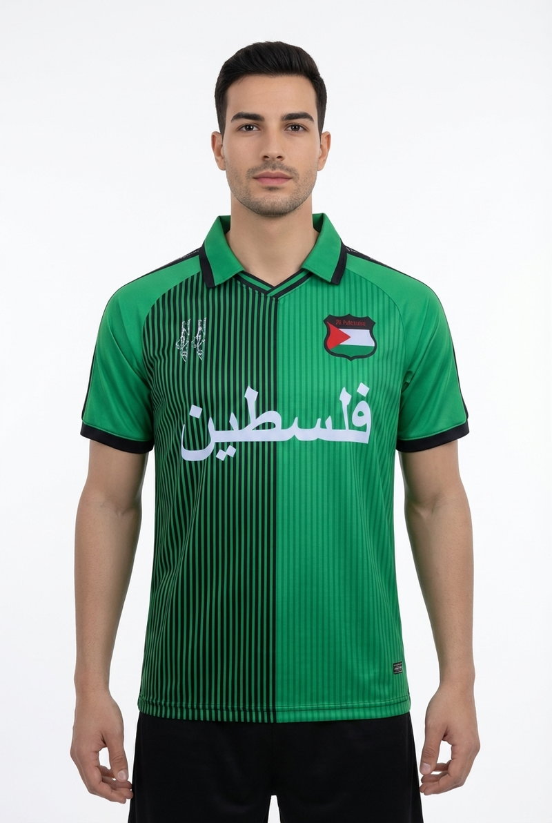 Maillot Style Polo FC Palestina Noir et Vert - mannequin_face - Maillot Palestine Officiel